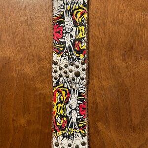 Ed Hardy vintage 90s white embroidered tiger belt w studs  Bkle to tip 39 inch S